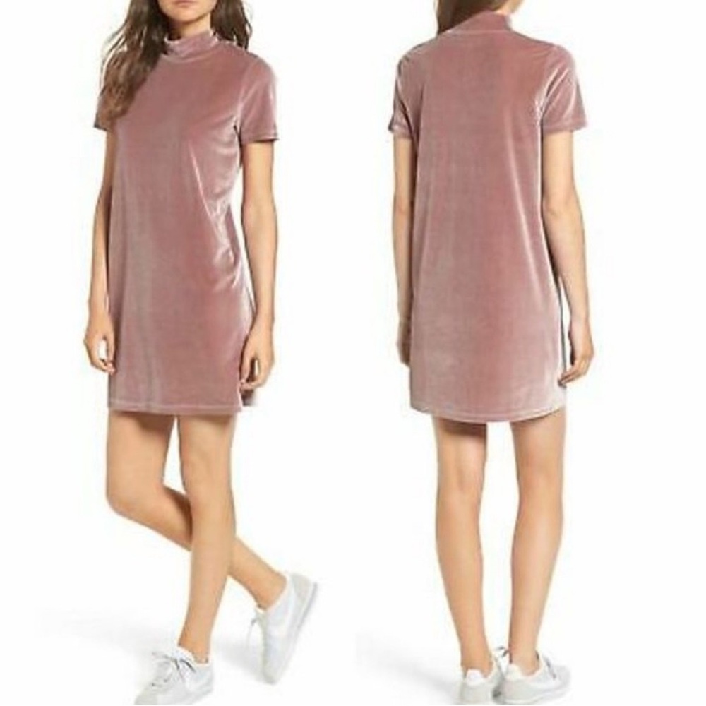Madewell Mock Neck Crushed Velvet Short Sleeve Shift Dress Mauve. Size XS